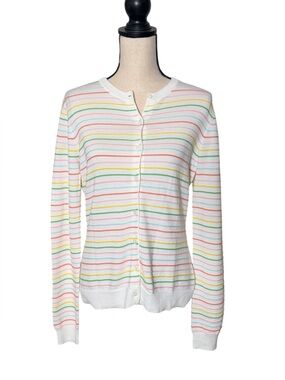 Brooks Brothers Woman’s White Rainbow Stripe Cotton Cardigan Sweater Size Medium
